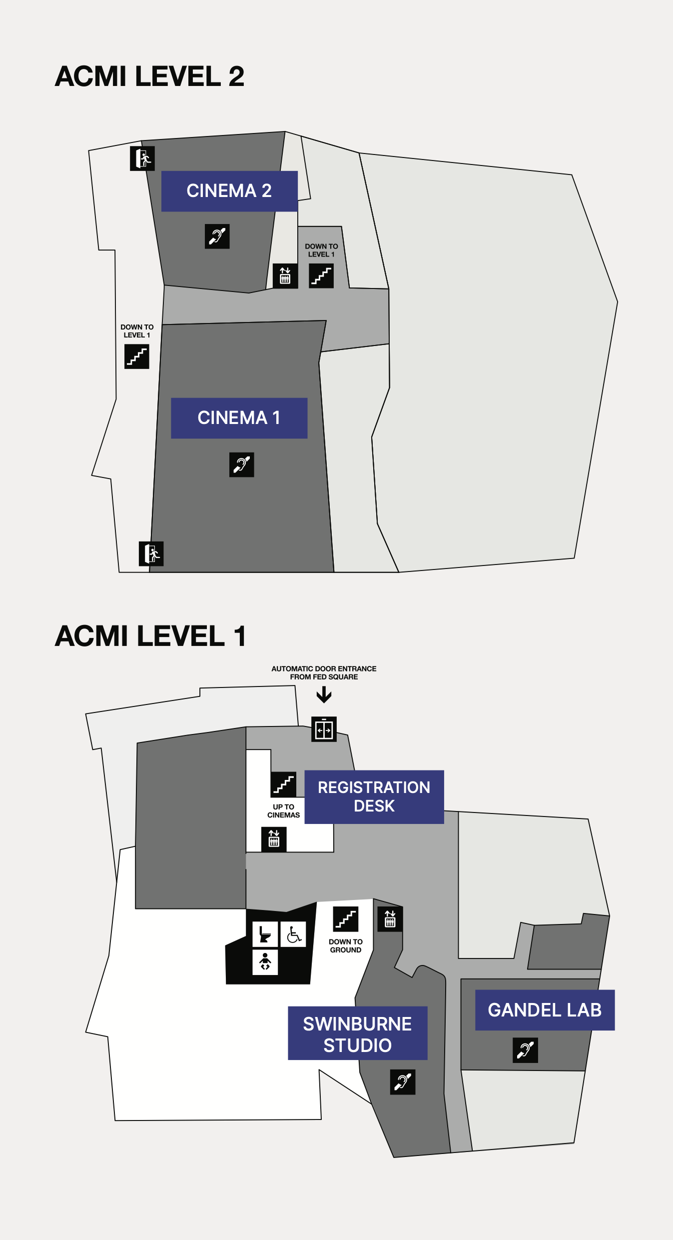 ACMI floor plans — Level 1 (Registration Desk near the Federation Square entrance, plus Swinburne Studio and Gandel Lab) and Level 2 (Cinema 1 and Cinema 2).