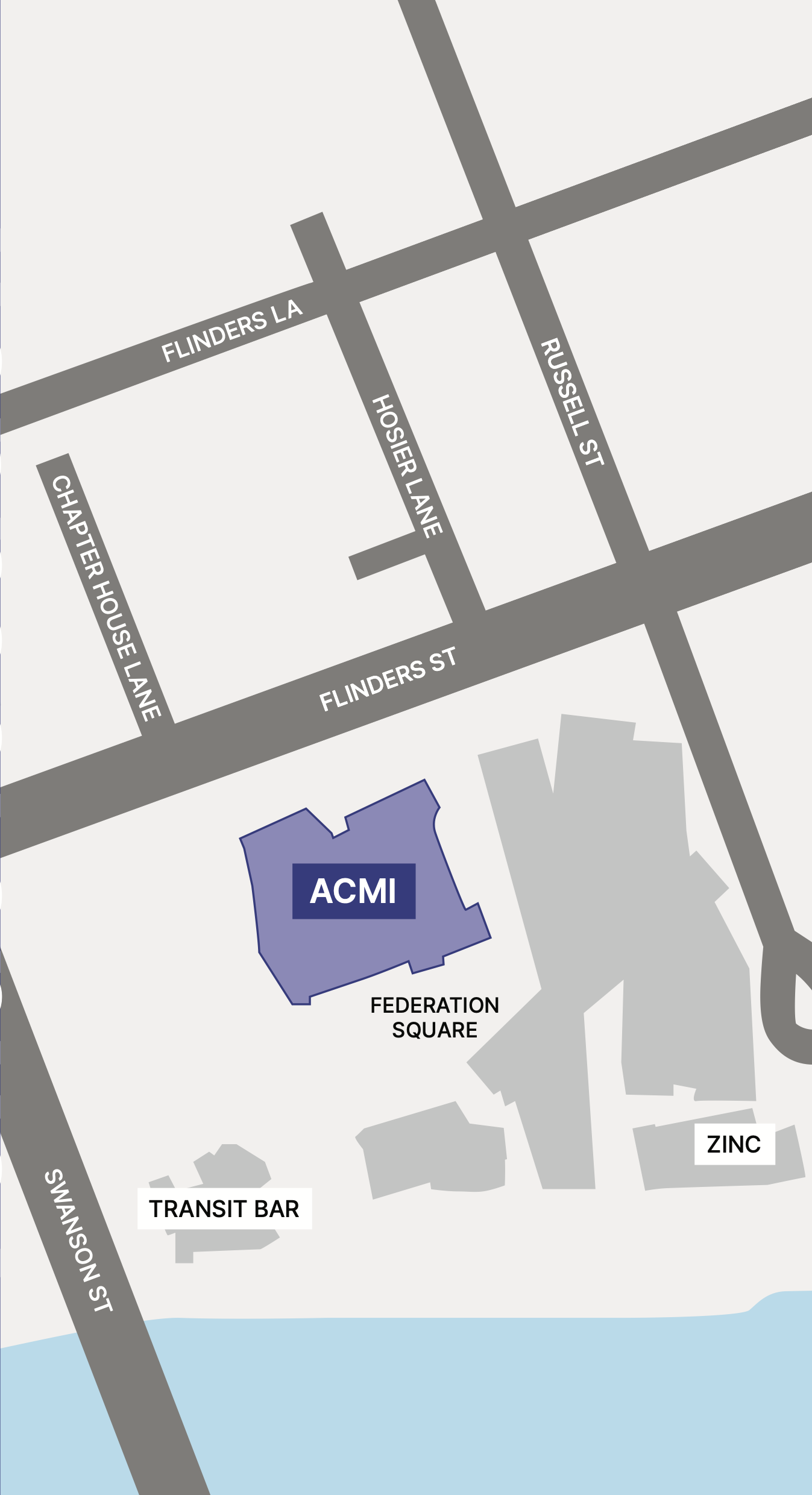 ACMI at Federation Square — bounded by Flinders Street to the north, Russell Street to the east, the Yarra River to the south, and Swanston Street to the west.